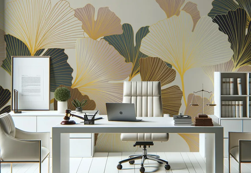 پوستر دیواری سه بعدی دفتر کار طرح گل جینکو طلایی